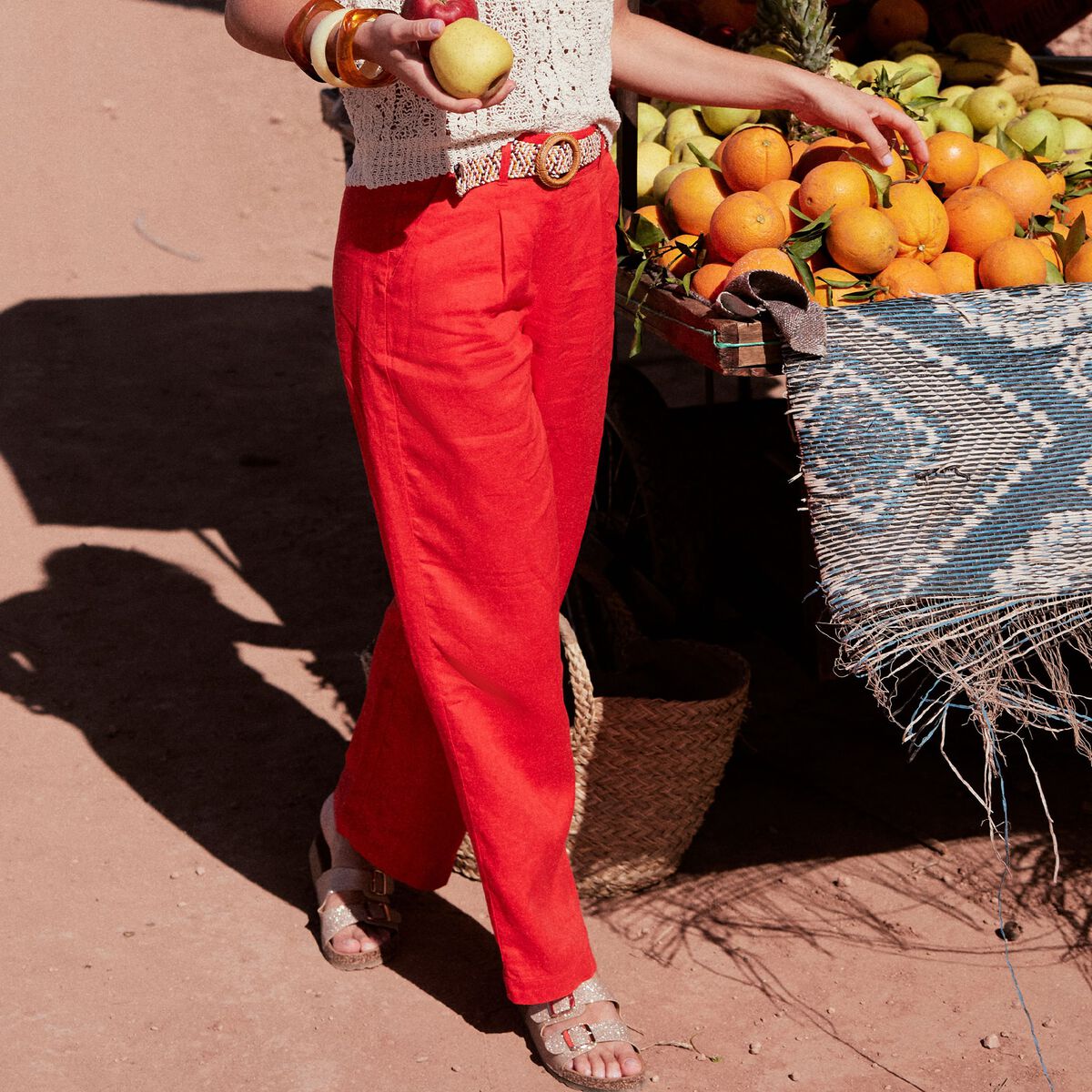 Pantalon large ceintur&eacute; orange femme