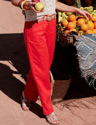 Pantalon large ceintur&eacute; orange femme