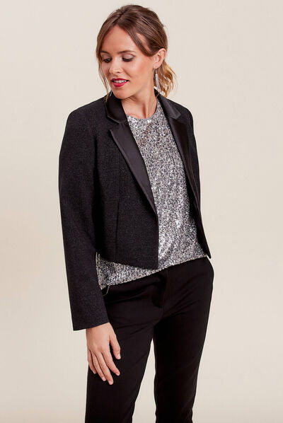 Veste ajustée col en satin noir femme