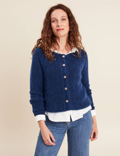 Gilet droit mi-long col rond bleu marine femme