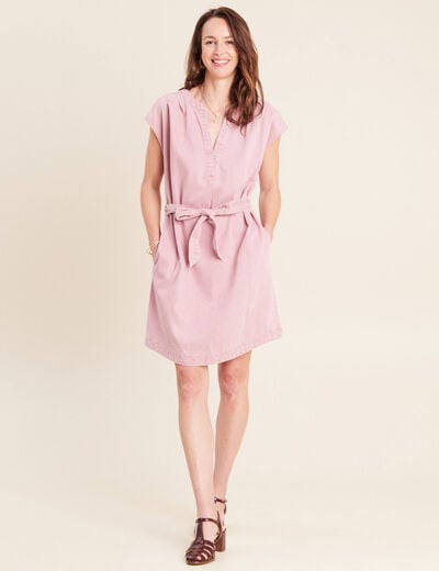 Robe courte ceintur&eacute;e col tunisien rose femme