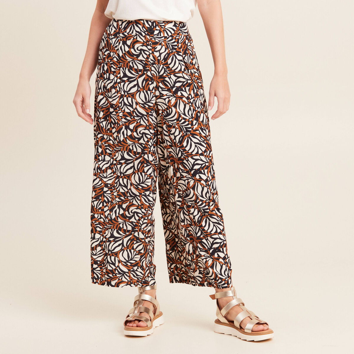 Pantalon flou large 7/8ème marron femme