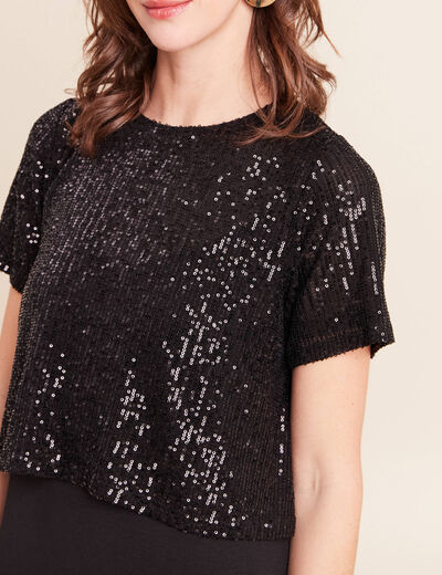 Robe courte &eacute;vas&eacute;e col rond 2 en 1 noir femme