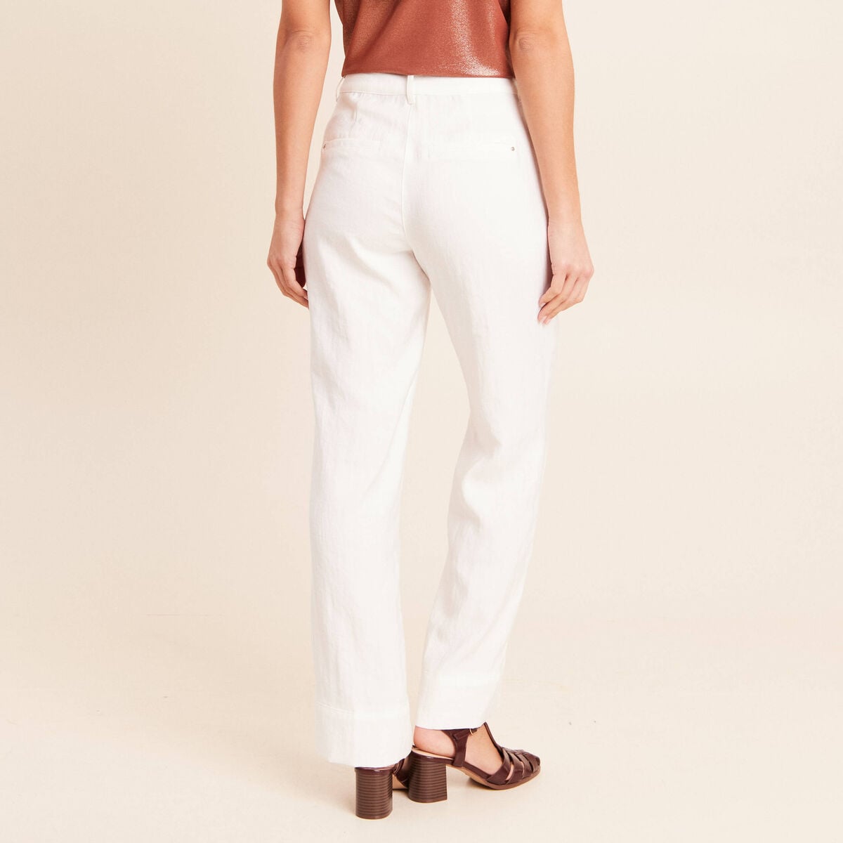 Pantalon coupe droite taille haute ecru femme