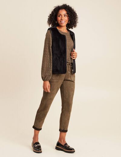 Veste sans manches sans col marron fonc&eacute; noir femme