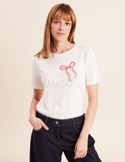 T-shirt col rond manches courtes brod&eacute; ecru femme