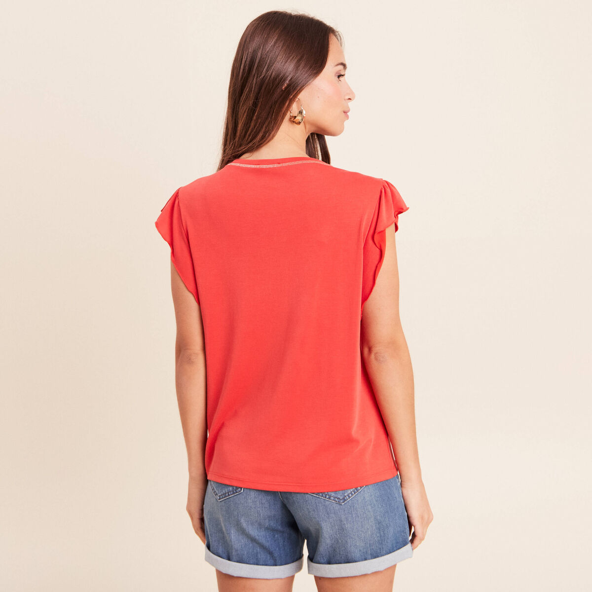 T-shirt manches courtes &agrave; volants orange fonc&eacute; femme