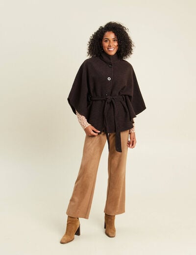 Poncho ceintur&eacute; en polyester recycl&eacute; marron fonc&eacute; femme