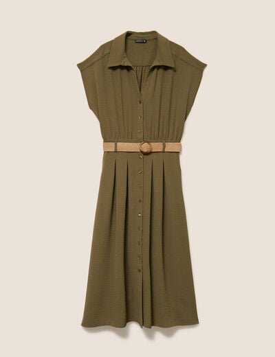 Robe patineuse 3/4 col chemise vert kaki femme