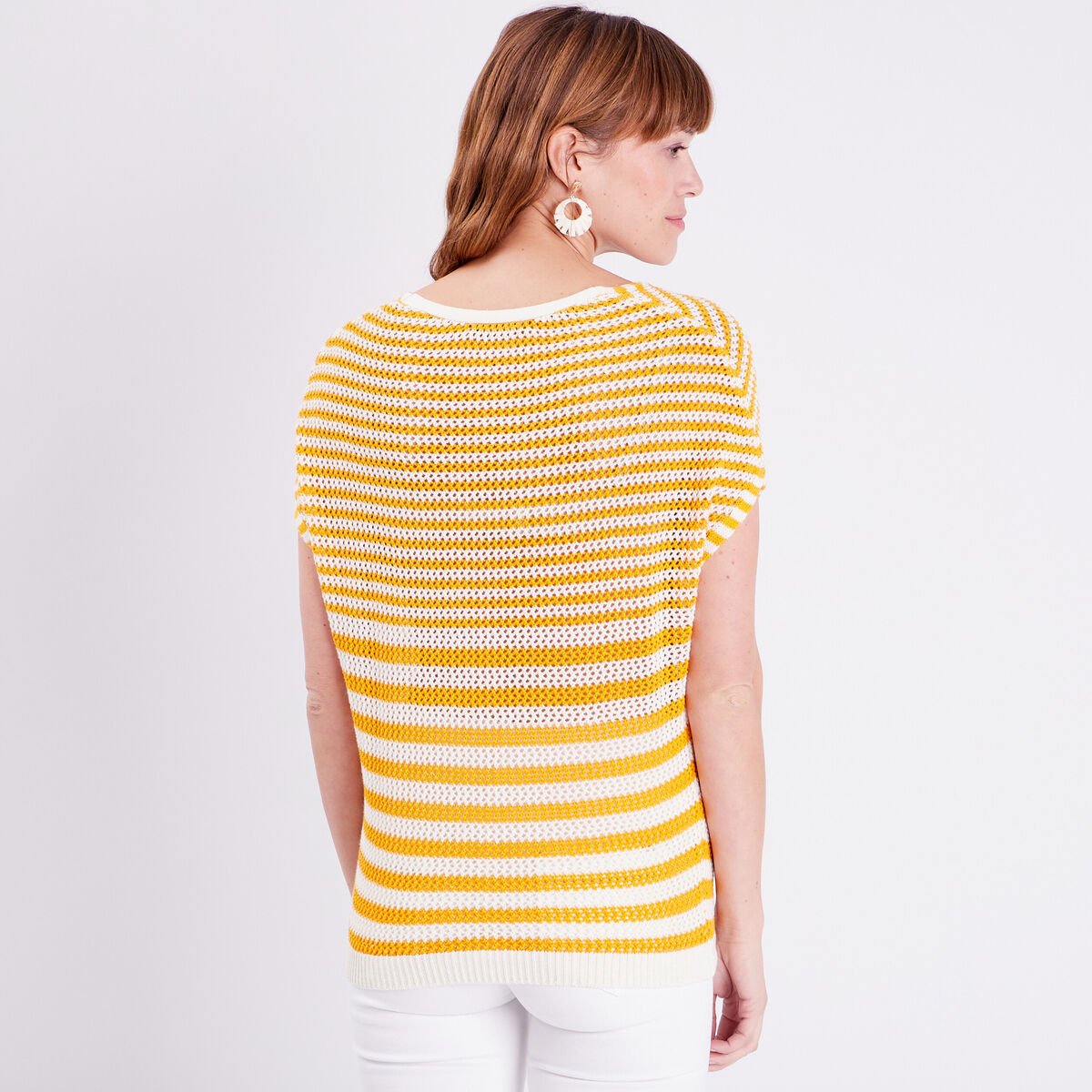 Pull manches courtes jaune moutarde femme