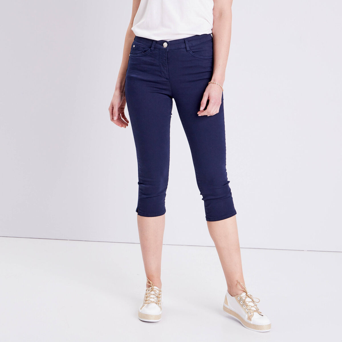 Pantacourt droit taille standard bleu marine femme
