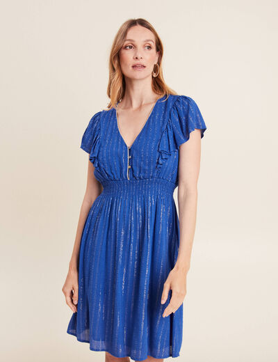 Robe droite fluide smockée bleu electrique femme