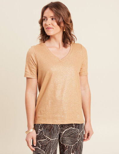 T-shirt col V manches courtes beige femme