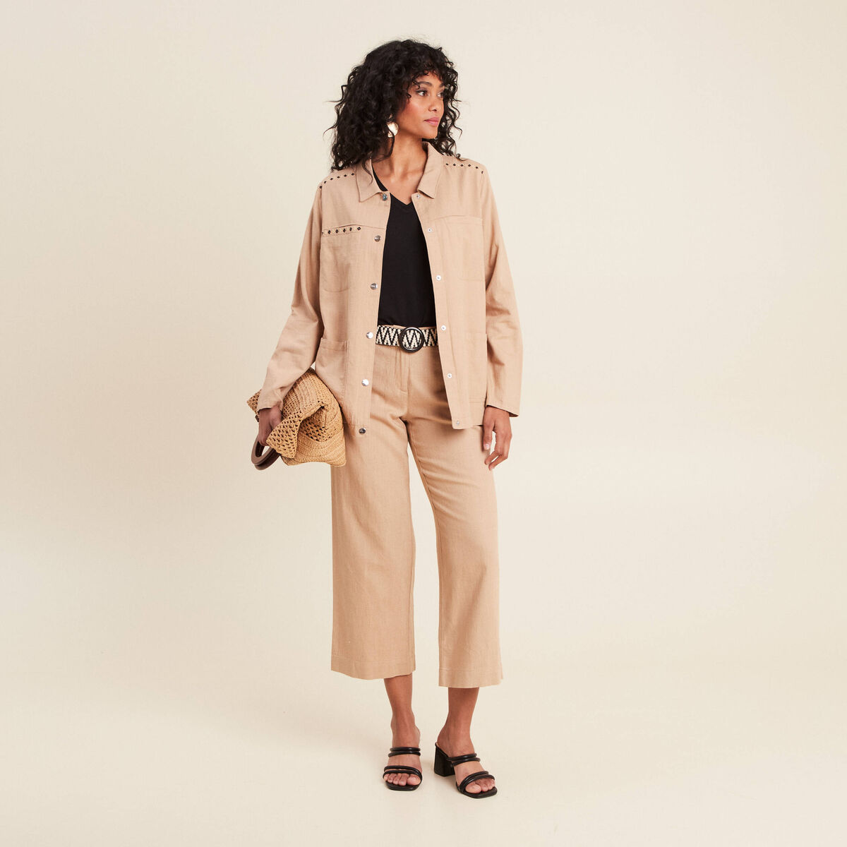 Pantalon large 7/8ème ceinturé sable femme