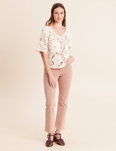 Pull col v manches courtes dentelle ecru femme