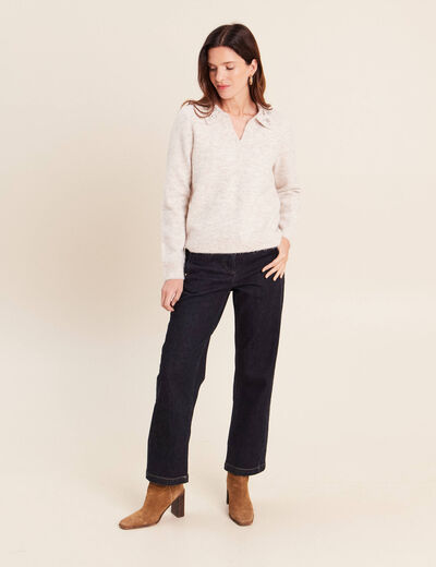 Pull col polo et d&eacute;tails bijout&eacute;s beige femme