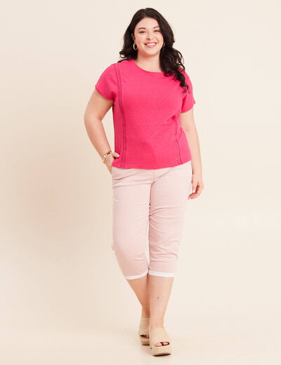 T-shirt col rond macram&eacute; manches courtes rose fushia femme