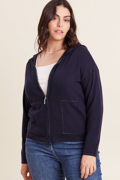 Gilet manches longues à capuche bleu marine femme