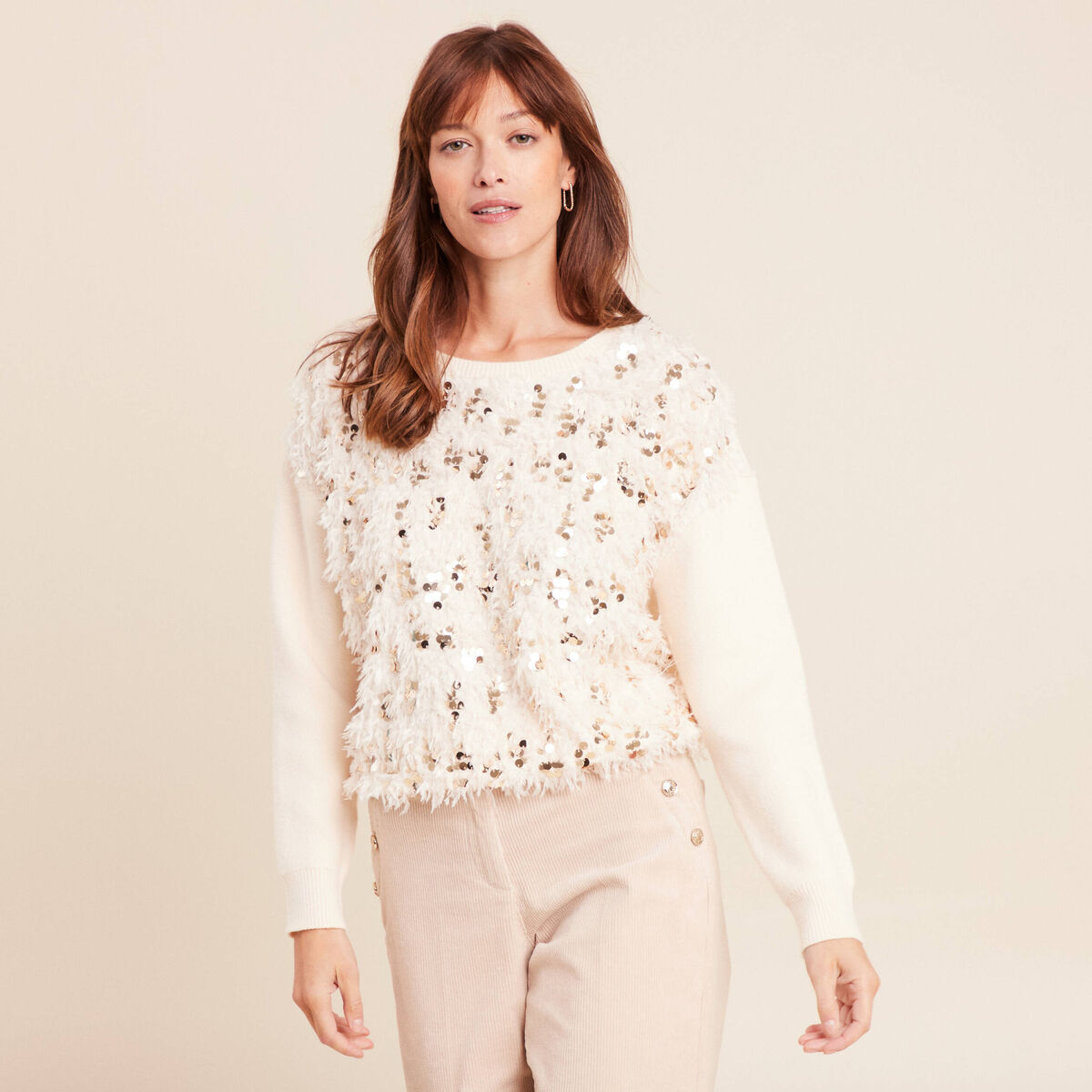 Pull col rond manches longues doubl&eacute; ecru femme