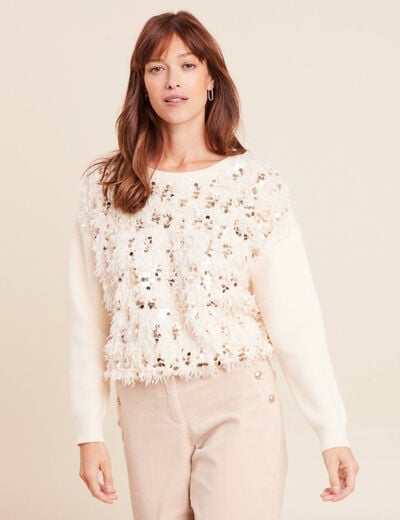 Pull col rond manches longues doubl&eacute; ecru femme