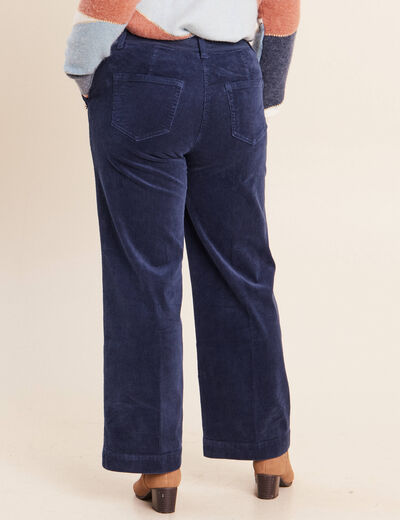 Pantalon large velours c&ocirc;tel&eacute; bleu marine femme