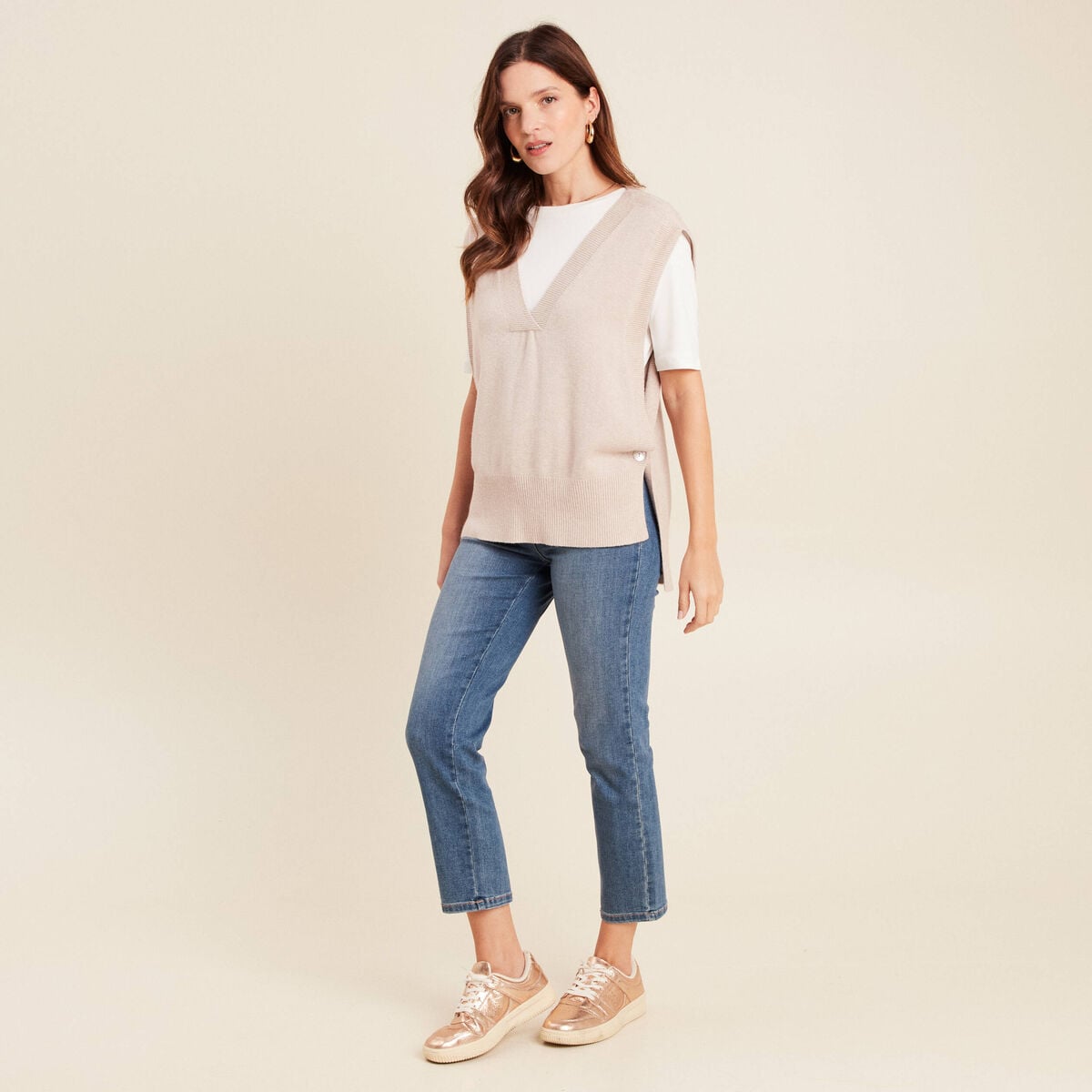 Pull sans manches creme femme