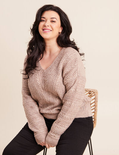 Pull col V manches longues taupe femme