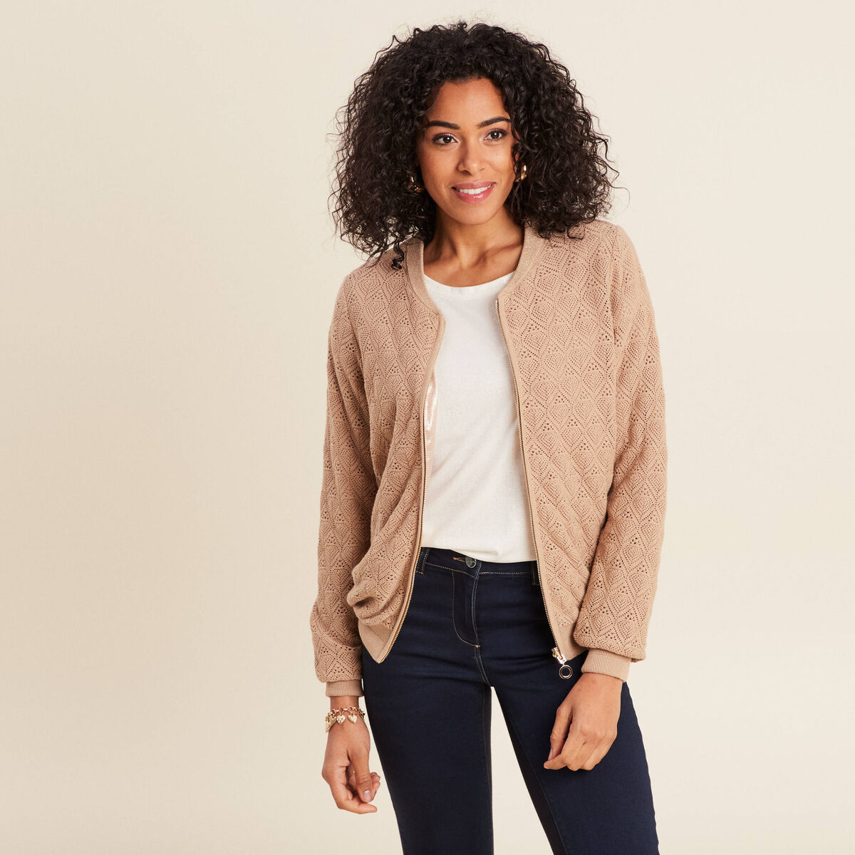 Gilet r&eacute;versible ajour&eacute; sable femme