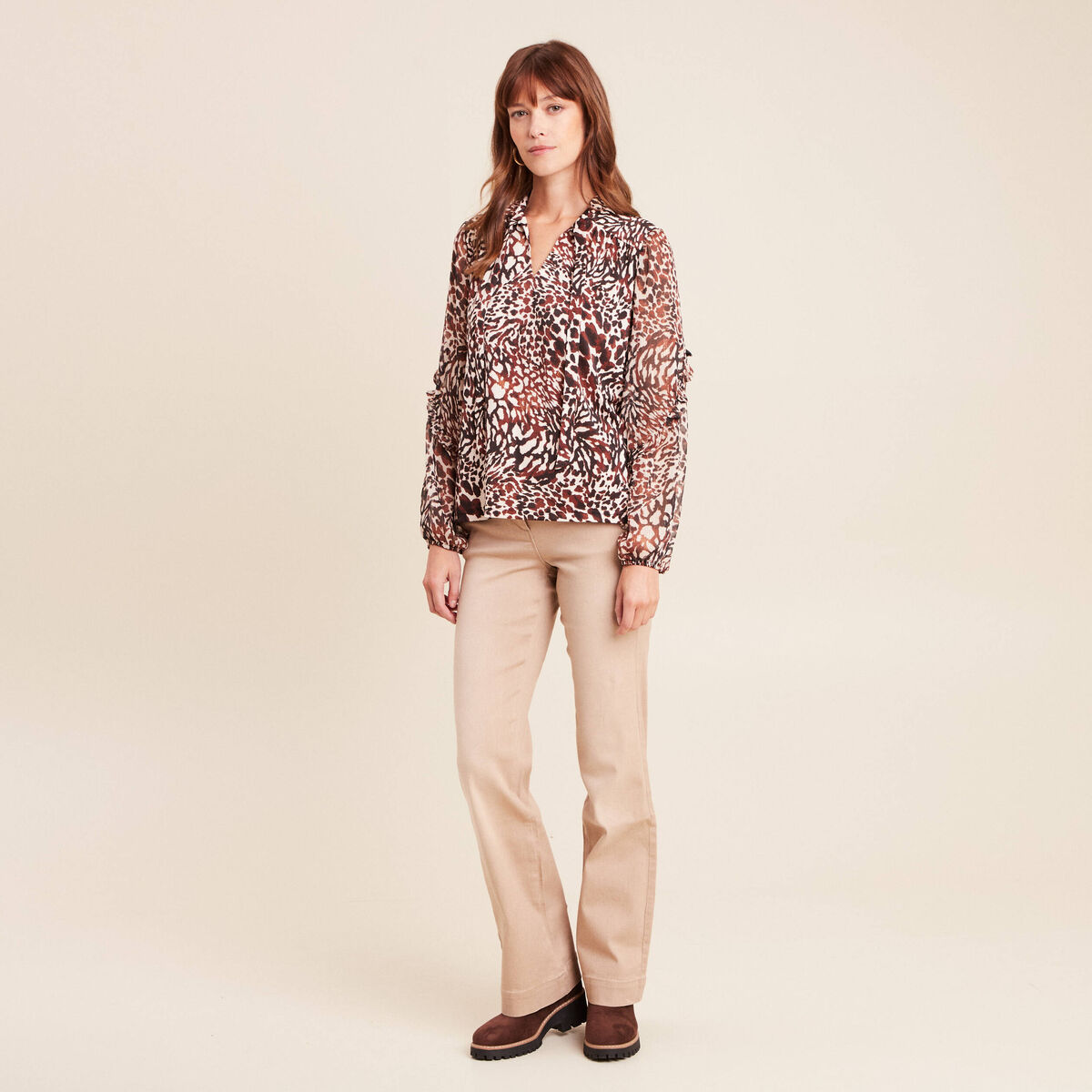 T-shirt manches longues col nou&eacute; marron femme