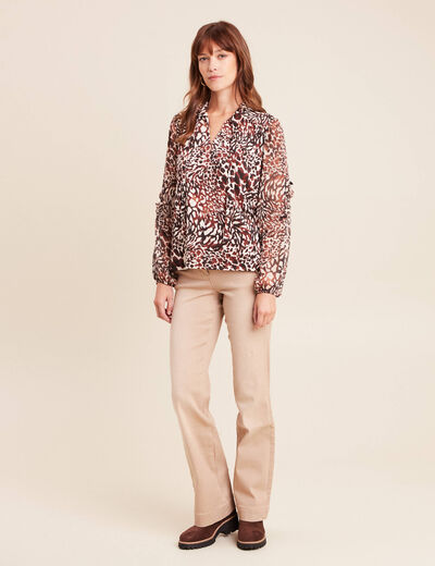T-shirt manches longues col nou&eacute; marron femme
