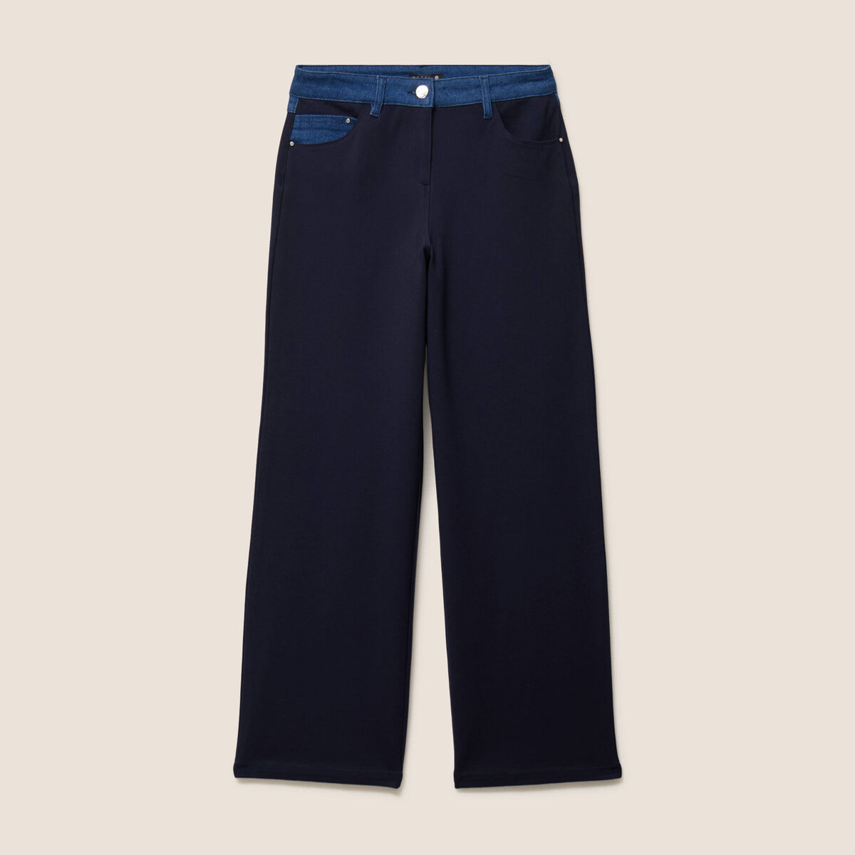 Pantalon large bi-mati&egrave;re bleu fonc&eacute; femme