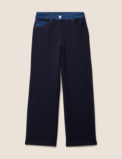Pantalon large bi-mati&egrave;re bleu fonc&eacute; femme