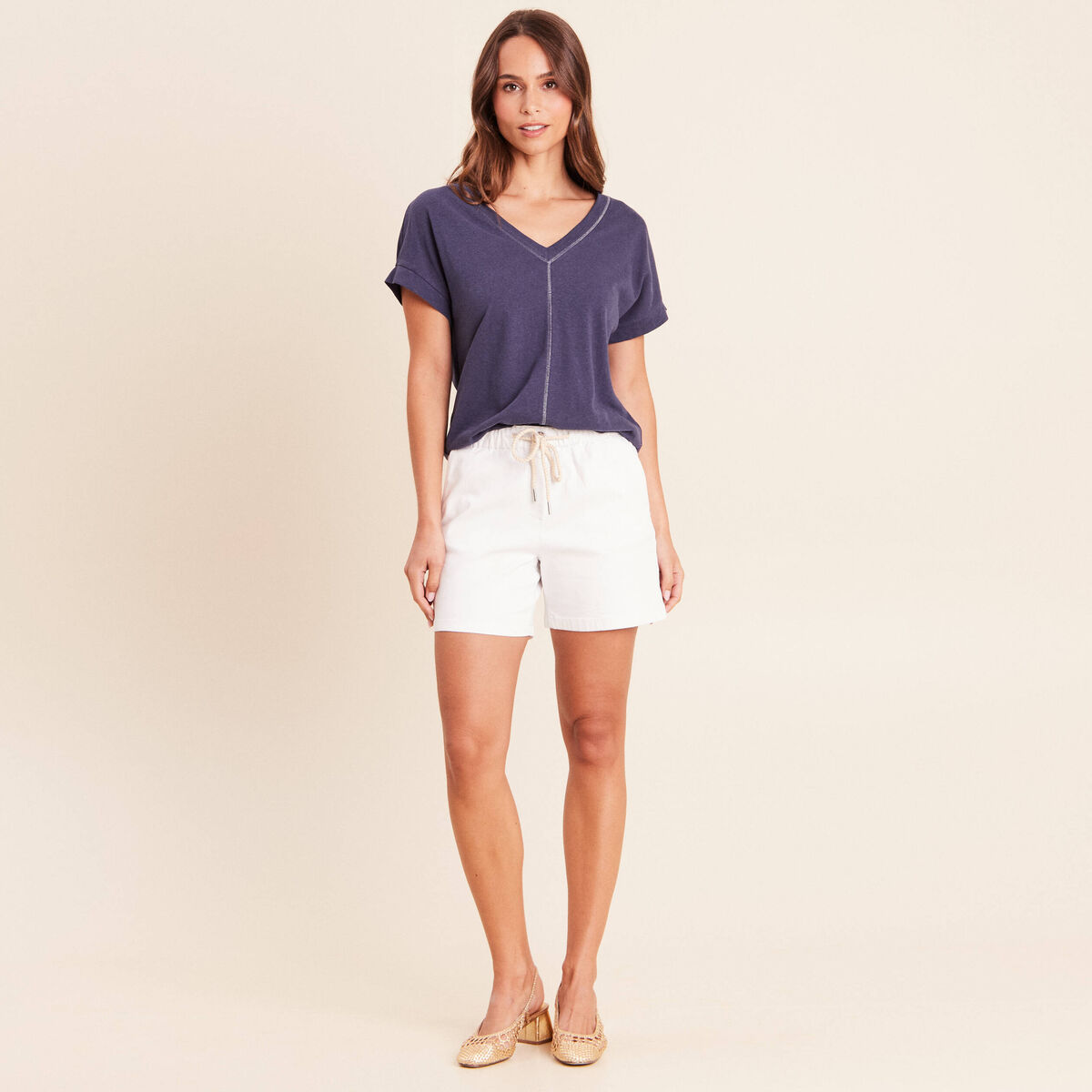 T-shirt droit cropped manches courtes bleu marine femme