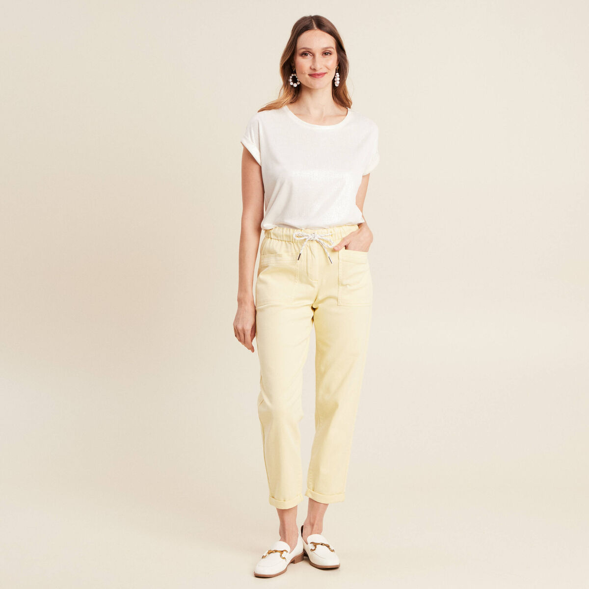 Jean large à coulisse jaune clair femme