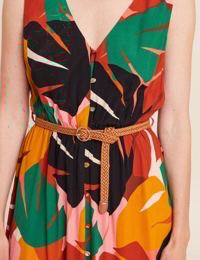 Robe midi évasée ceinturée multicolore femme