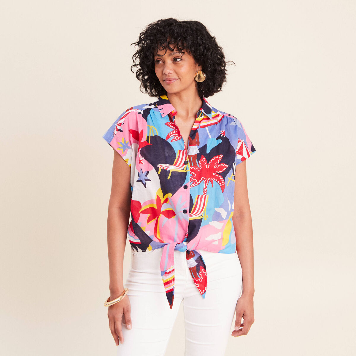 Chemise ample courte &agrave; manches courtes multicolore femme