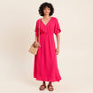 Robe longue &eacute;vas&eacute;e col v manches coudes rose fushia femme