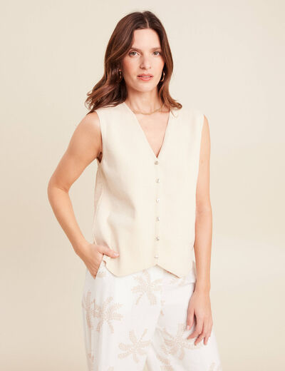Pull cintré court col V beige femme