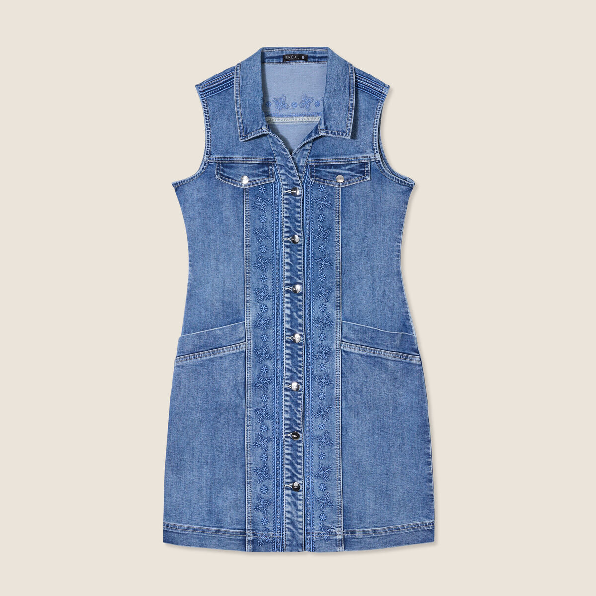 Robe droite brodée en jean denim double stone femme