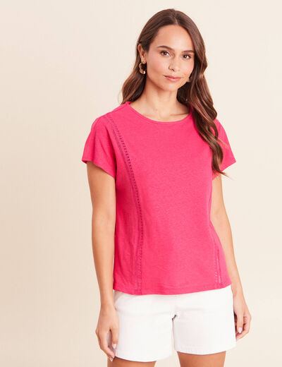 T-shirt col rond macram&eacute; manches courtes rose fushia femme