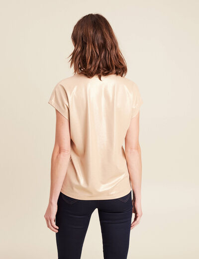 T-shirt col V manches courtes beige femme