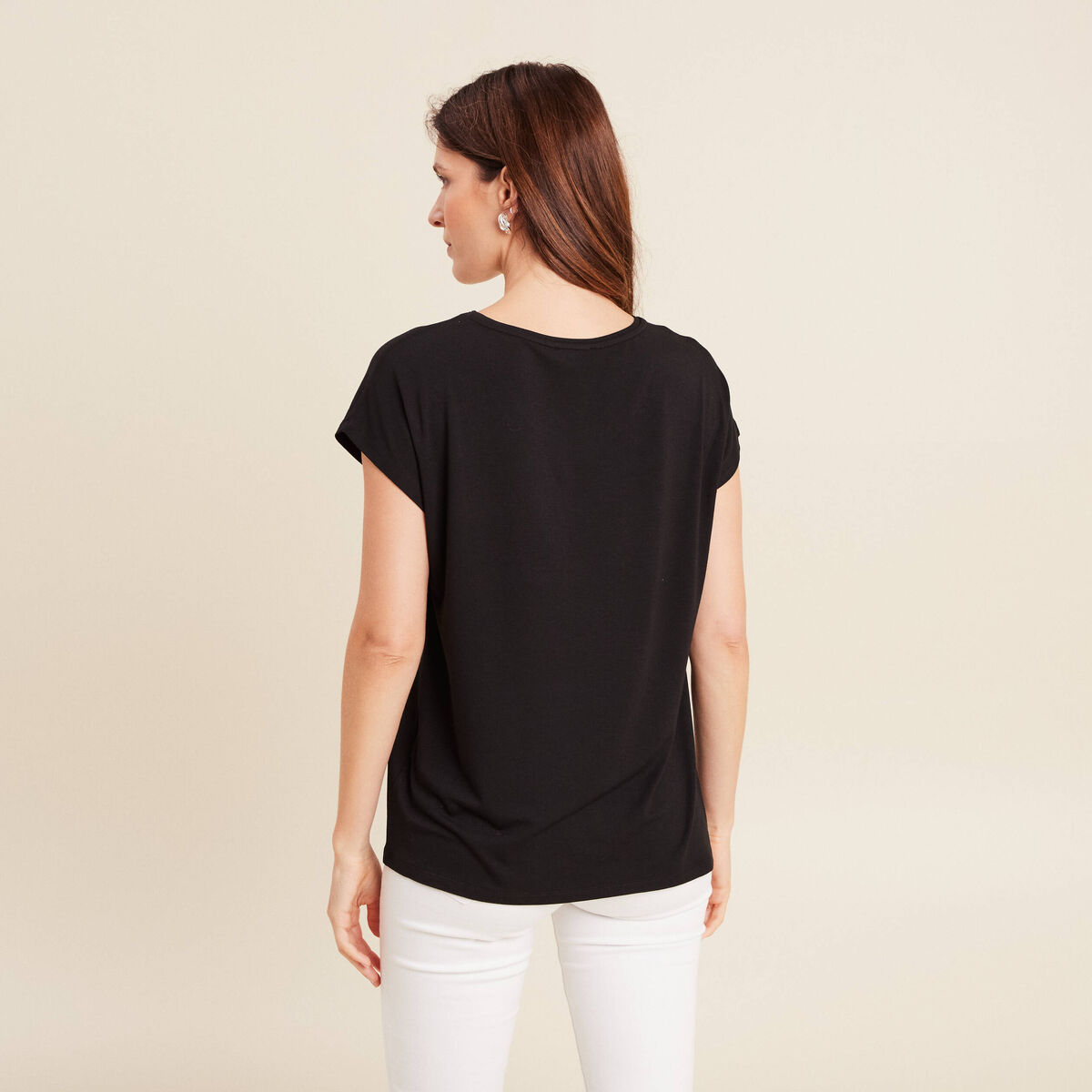 T-shirt bi-mati&egrave;re manches courtes noir femme