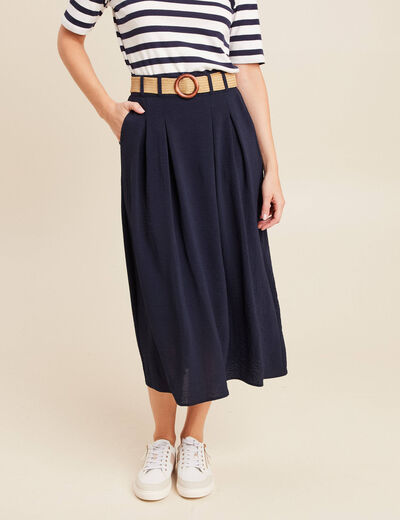 Jupe longue évasée ceinturée bleu foncé femme