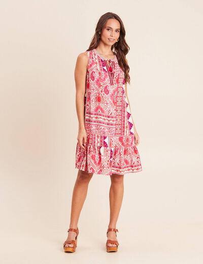 Robe courte &eacute;vas&eacute;e col tunisien rose femme