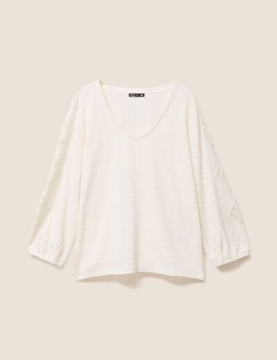 blouse macramé col V manches 3/4 ecru femme