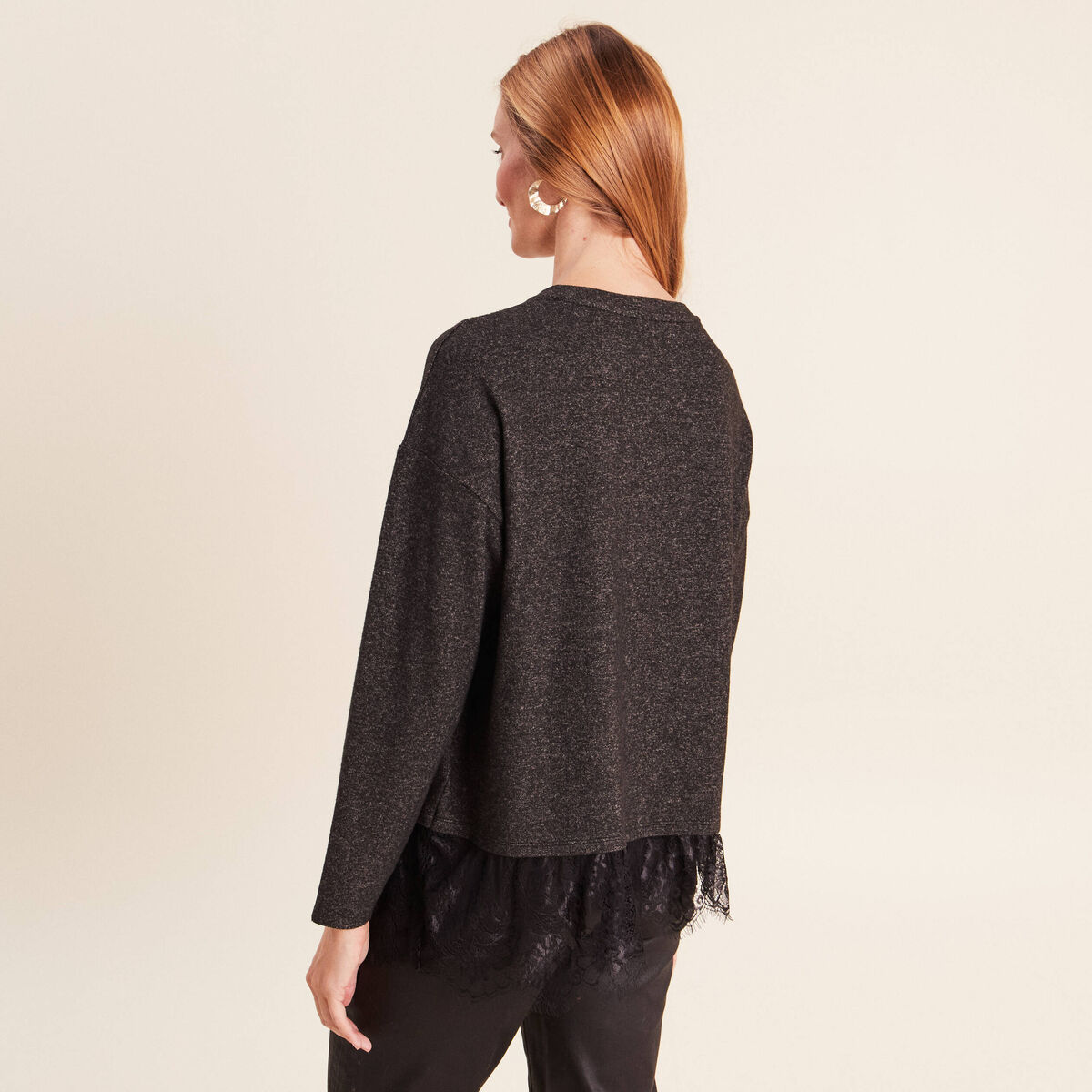 Pull col rond manches longues dentelle gris fonc&eacute; femme