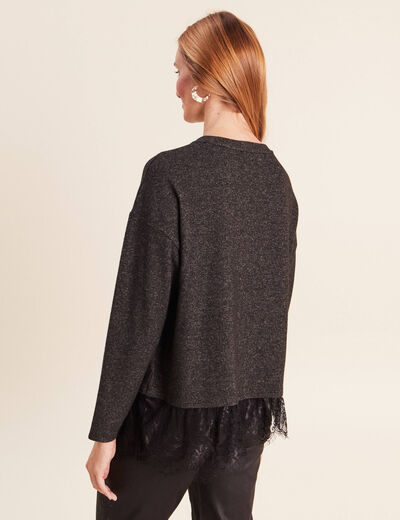 Pull col rond manches longues dentelle gris fonc&eacute; femme