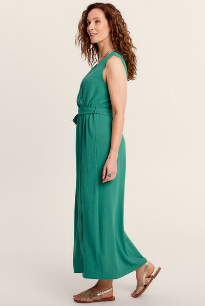 Robe longue droite ceinturée vert femme