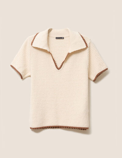 Pull col chemise manches courtes ecru femme