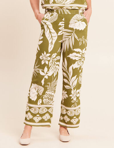 Pantalon large 7/8&egrave;me taille haute vert kaki femme